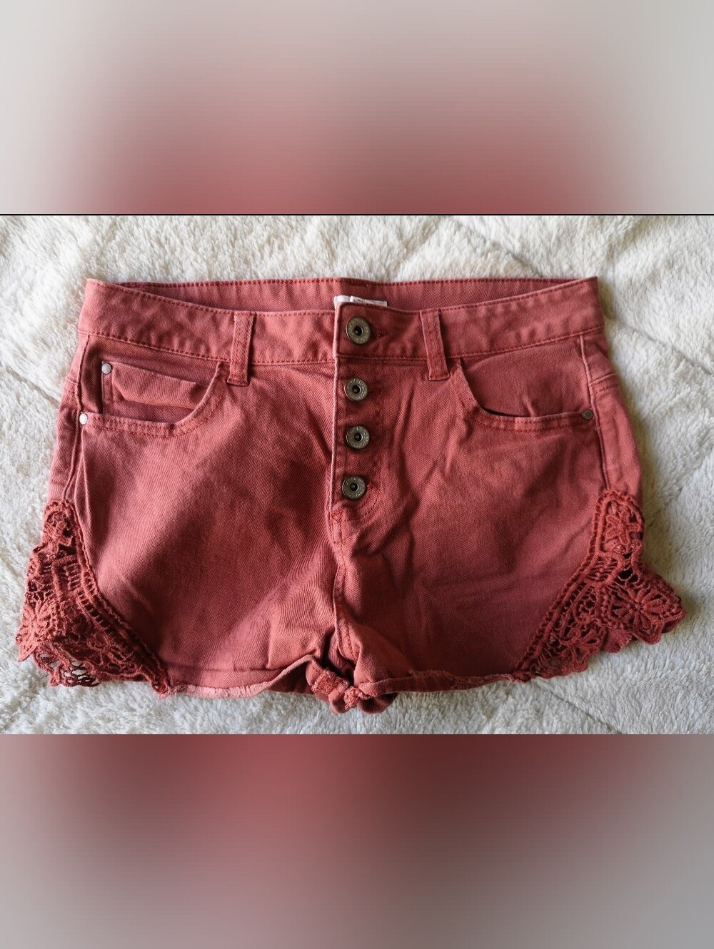 Ardene Button-Front Crochet Trim Shorts - Rust